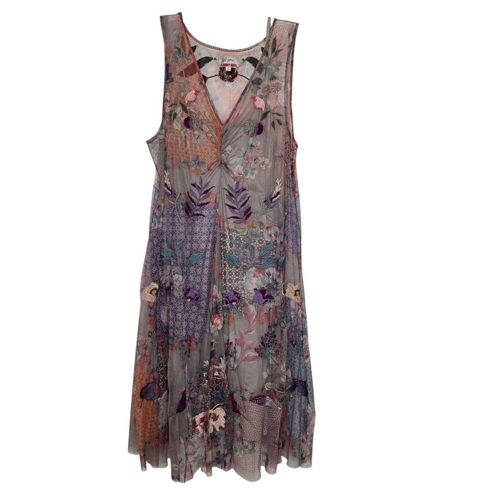 BIYA Johnny Was Arlette Mesh Dress w Slip Embroidered Size XL Midi Floral